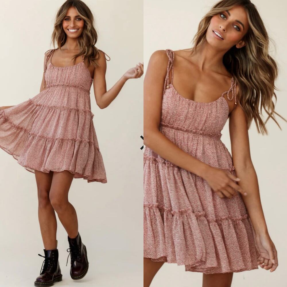 Selfie Leslie Rumi String Tie Tiered Babydoll Dress Pink Leopard Size Medium M